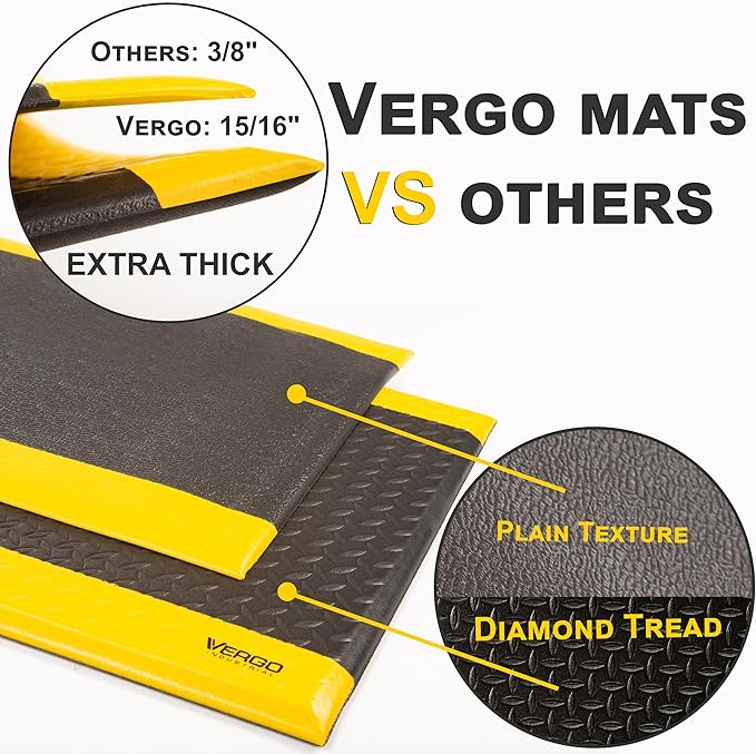 Vergo Industrial 15/16” Extra Thick Anti Fatigue Mat - Heavy Duty Commercial Grade Diamond Plate Ergonomic Standing, Non-Slip Black with Yellow Anti Fatigue Floor Mat for Work, Shop (1-Pack 2' x 3')