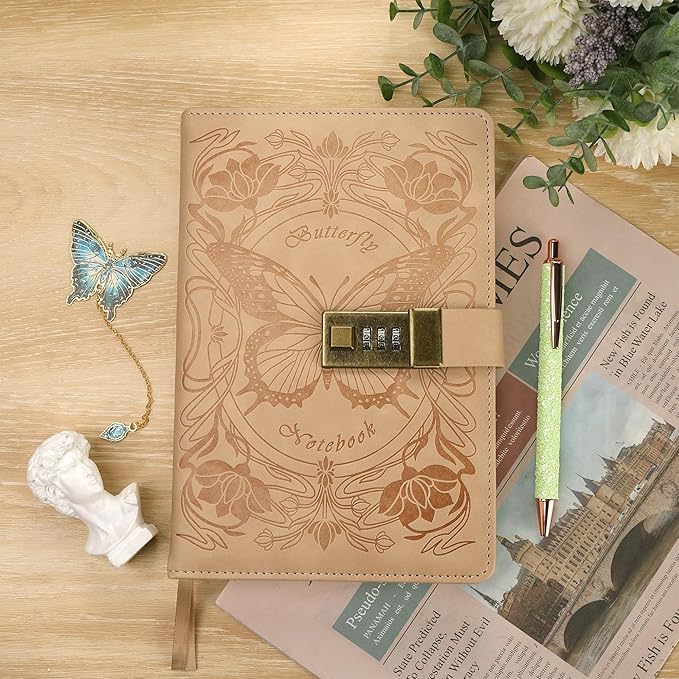 TIEFOSSI Diary with Lock for Women Girls, Lined Locked Journal, Butterfly Journal Notebook with Pen and Bookmark, A5 Refillable Locking Journals for Writing, 224 Numbered Pages
