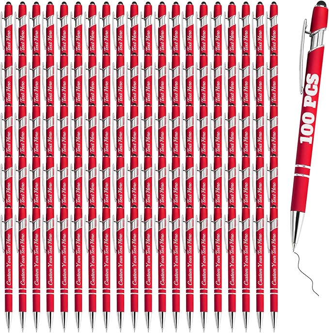 Personalized Pens Bulk 100 with Name Custom Engraving Ballpoint Pens with Stylus Tip Customized Smooth Writing Pens Personalized Gifts for Anniversary Birthday or Graduation(Red,Black Ink)