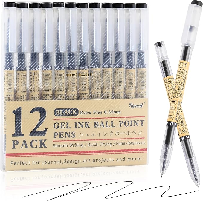 RIANCY Black Gel Ink Pens, 0.35mm Extra Fine Point Tip Smooth Writing Rollerball Pens, Japanese Style No Smudge Ballpoint Pen, Quick Drying for Journaling Office School Stationery Supplies 12pcs