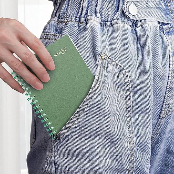 RETTACY Pocket Journal Notebook, 160 Lined Pages, A6 Mini Small Size (4.5" × 5.7"), for Work, Journaling, Writing, 100 GSM Thick Paper, Spiral-bound, Flexible Plastic Cover (Dark Green)
