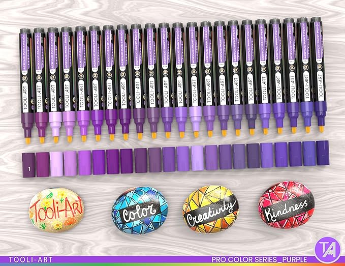 TOOLI-ART 22 Acrylic Paint Markers Paint Pens Pro Color Series Set 3mm Medium Tip for Rock Painting, Glass, Mugs, Wood, Metal, Glass Paint, Canvas, DIY. Non Toxic, Waterbased, Quick Drying (PURPLE)