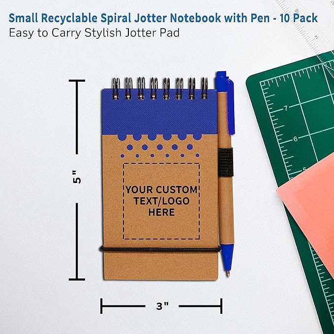 DISCOUNT PROMOS 10 Recyclable Spiral Small Notebooks Pack - Customizable Text, Logo - 60 Lined Pages - Blue