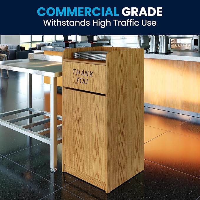 Flash Furniture Sony Laminate Wood Commercial-Grade Trash Receptacle with Tray Top, Wooden Restaurant Trash Can Cabinet and Garbage Receptacle, Oak