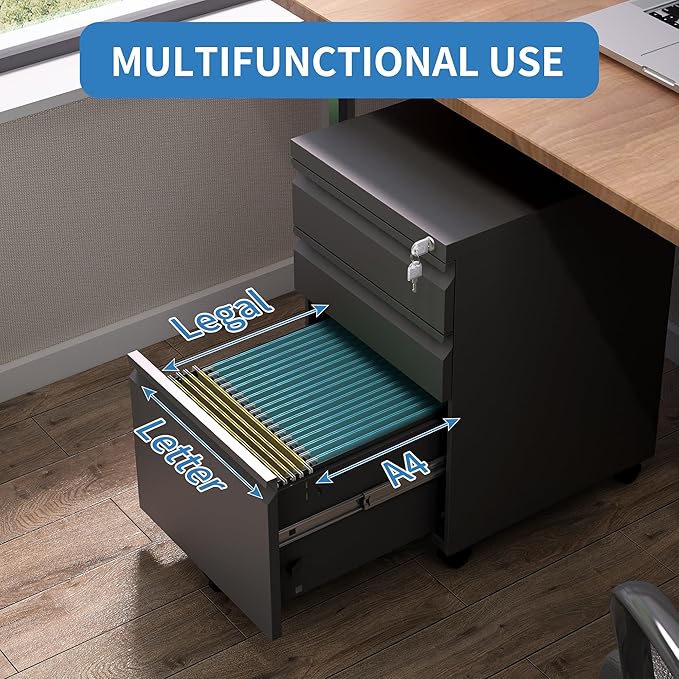 3 Drawer Mobile File Cabinet, Metal Under Desk Filing Cabinet with Lock and Wheels, Home Office Rolling File Cabinet for Legal/Letter Hanging File Folders, Fully Assembled (Black)
