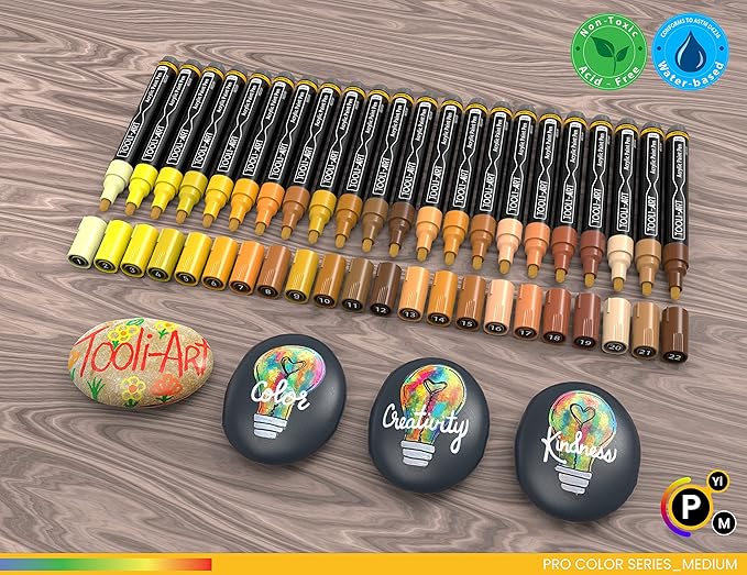TOOLI-ART 22 Acrylic Paint Markers Paint Pens Pro Color Series Set 3mm Medium Tip for Rock Painting, Glass, Mugs, Wood, Metal, Glass Paint, Canvas, DIY. Non Toxic, Waterbased, Quick Drying (YELLOWS)