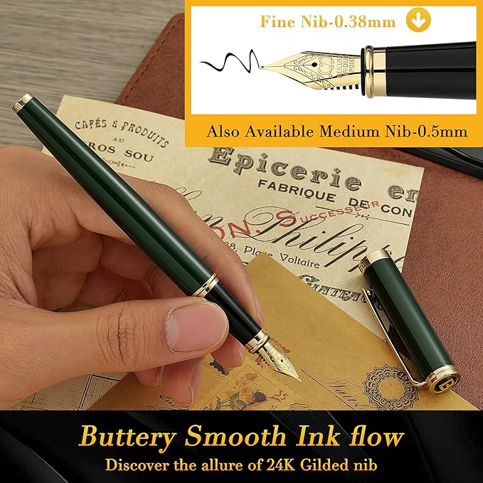 BEILUNER British Racing Green Fountain Pen,Stunning Luxury Pens with 24K Gold Accents, Gorgeous 24K Gilded Nib(Fine), Ink Converter,Fancy Pen Gift for Men&Women-Smooth, Office, Nice for Writing