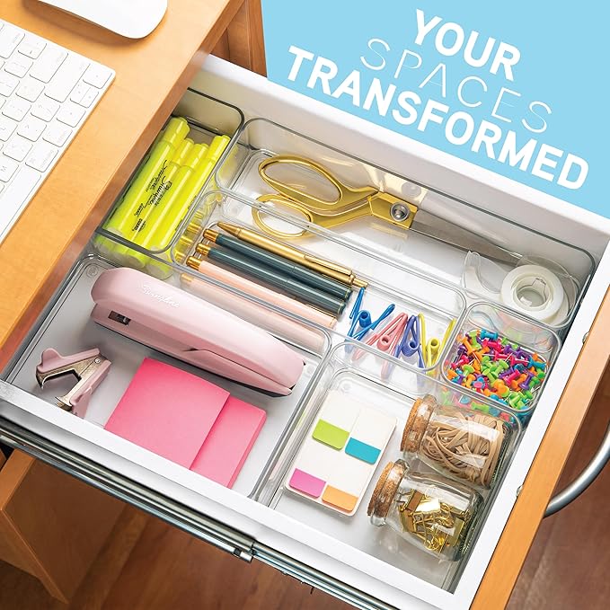 Plastic Clear Drawer Organizers. Bathroom, Kitchen, Bedroom, Gadgets, Office Organizer Bins, Storage Trays. Heavy Duty, Stackable. 12" x 3" x 2" Set of 6