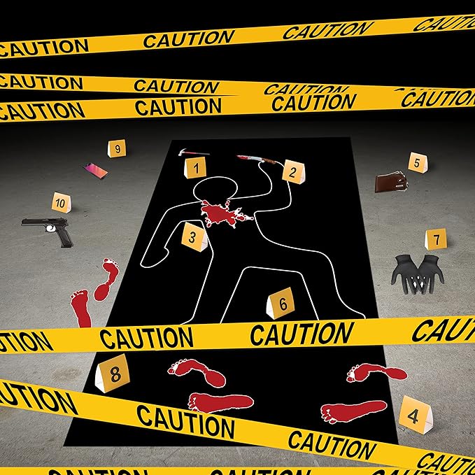Ticiaga 50pcs Crime Scene Decors Kits, Body Silhouette Crime Scene Tape Evidence Markers and Bloody Sticker and Photo-Booth Props with Height Chart Backdrop Poster, Home for Crime Scene Party Decors