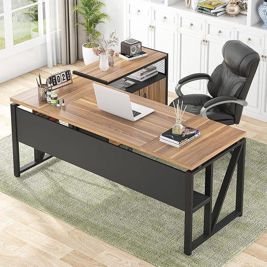 Tribesigns 63" L Shaped Desk with Drawer Cabinet, Executive Computer Desk and lateral File Cabinet, 2 Piece Home Office Furniture with Drawers for Hanging File, Doors with Locks (Brown, 63 inches)