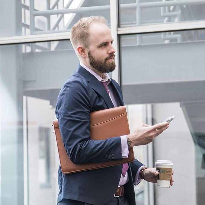 Cossini Premium Business Portfolio with Zipper – Padfolio - Superior Business Impressions Begin with PU Vegan Leather, 10.1 Inch Tablet Sleeve, Smart Storage, Solar Calculator, Writing Pad - Tan