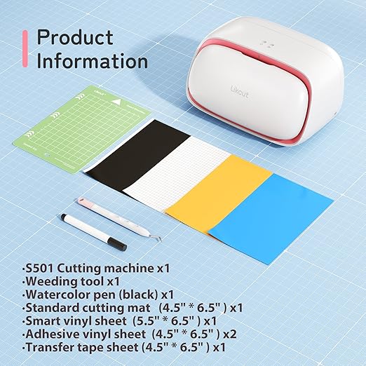 S501 Vinyl Cutter Machine with Built-in Storage, Die Cutting Machine of Multi Material Vinyl, HTV, Cardstock, Paper, Includes Cutting Mat, Black Pen, Weeding Tool, Pink