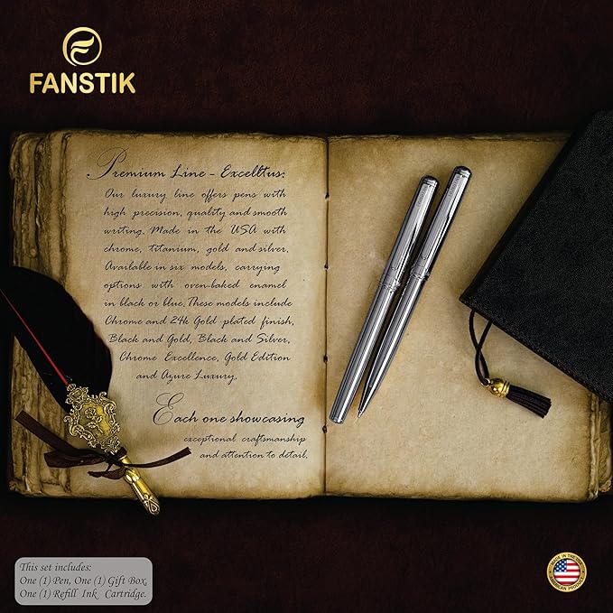 Silver Luxury fountain pen (Made In USA) fancy gift set for women, Chrome Finish, Professional executive pen gift set for men (Lux fountain Silver)