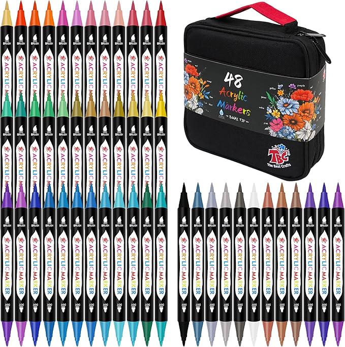 TBC The Best Crafts 48 Colors Dual Tip Acrylic Paint Markers, Double zipper design Topgrade Canvas bag,Waterproof, Non-Toxic, odorless, Suitable for Paper,Pottery, Stones, Glass,outdoor painting