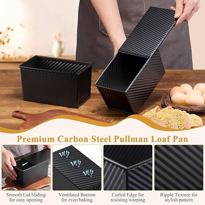 LIANYU 2 Pack Pullman Bread Loaf Pan with Lid, 1 Pound Dough Nonstick Loaf Baking Pans, Metal Bakeware for Sourdough Sandwich Homemade Bread, Carbon Steel Corrugated Toast Tin, Black