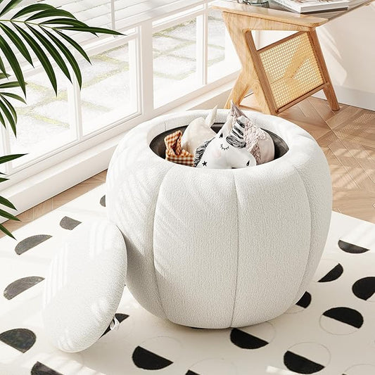 Storage Ottoman, Round Ottoman with Storage, Upholstered Soft Vanity Stool for Living Room, Foot Stool Ottoman for Bedroom, Entryway (Beige)