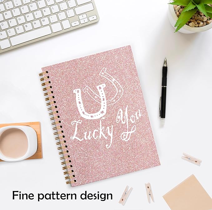 Lucky You Notebook, Preppy Aesthetic Journal, Preppy Pink Girly Cute Journals for Women, Sparkle Rose Gold Glitter Spiral Notebooks 5.5x8.3 Inch