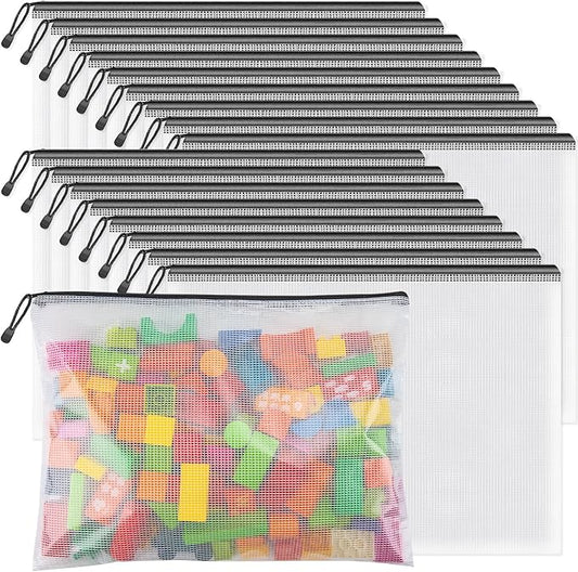Umriox Zipper Mesh Document Pouch, 16.9x12.4 in (Black, 18 Packs), Clear Zipper Pouches, Waterproof Travel Pouch for Office Supplies, Puzzles, Board Games and Craft Projects