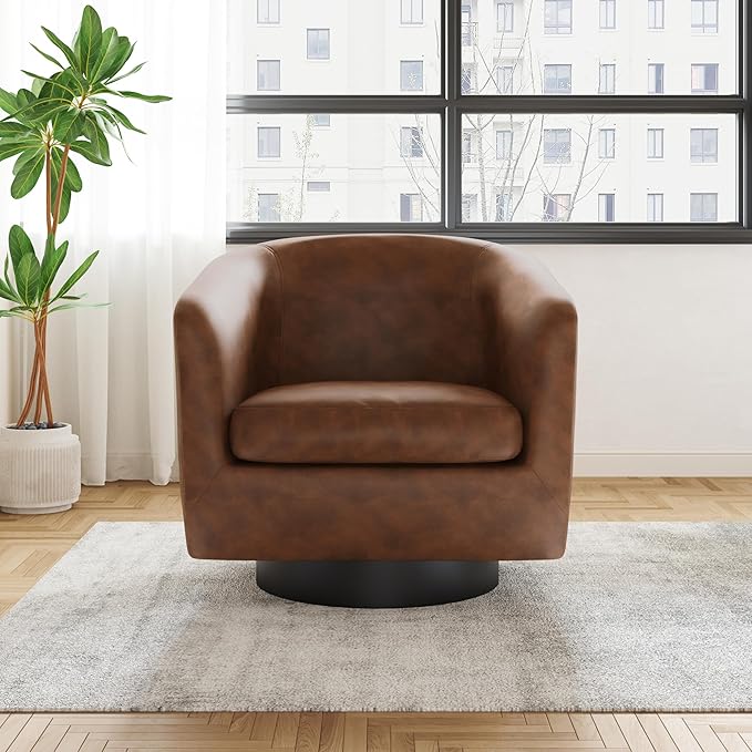 UIXE Faux Leather Swivel Accent Chair with Wood Base, Modern Upholstered Barrel Chairs for Living Room, Comfy Round Armchair Single Sofa Bedroom Reading Seat - 31" W, Coffee