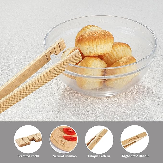 2PCS Reusable Toaster Tongs, OHOLA 8 inch Bamboo Cooking Tong, Multipurpose Wooden Tongs for Toaster, Fruits, Bread, Pickles, Cheese, Bacon, and Muffins (Stylish Pattern)