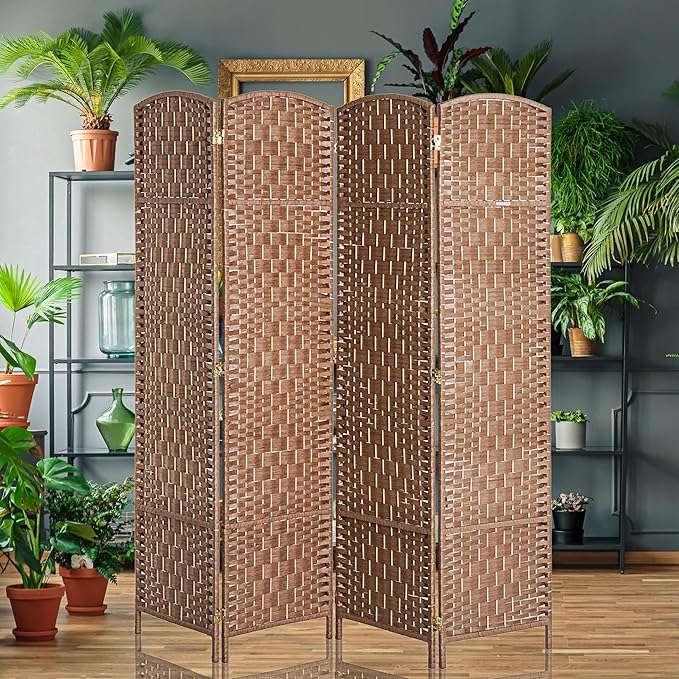 HOMCOM Room Divider 4 Panels Folding Privacy Screen 6FT Tall Portable Wicker Weave Partition Wall Divider for Bedroom Home Office, Natural Wood
