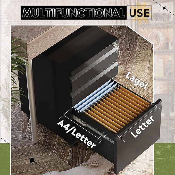 DEVAISE 3 Drawer Mobile File Cabinet Under Desk Office, Fully Assembled Except Casters, Letter/Legal Size, Black