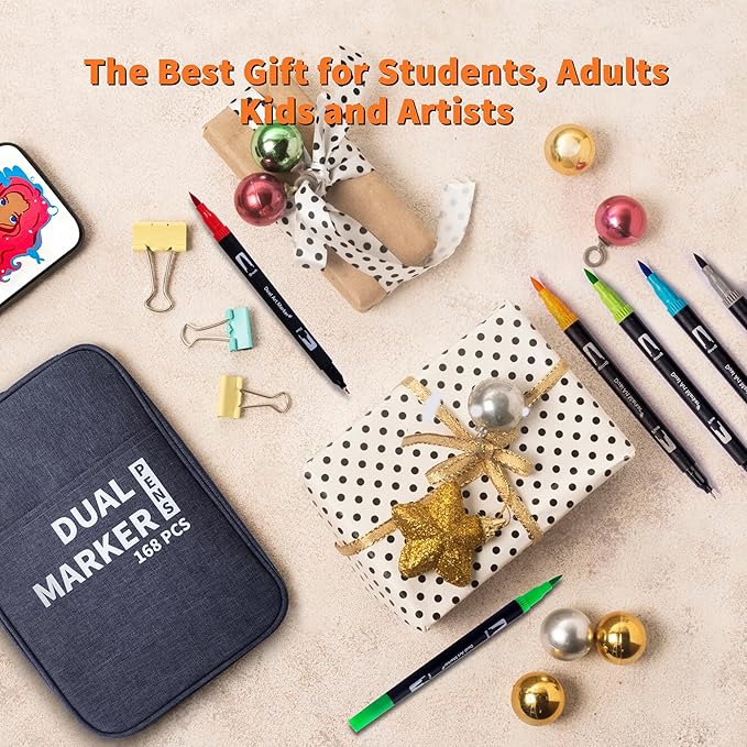 Dual Markers Brush Pens, 168 Colors Art Marker Set with Brush and Fine Tips – Premium Art Supplies for Kids & Adults, Perfect for Coloring Books, Hand Lettering, Calligraphy, and Drawing