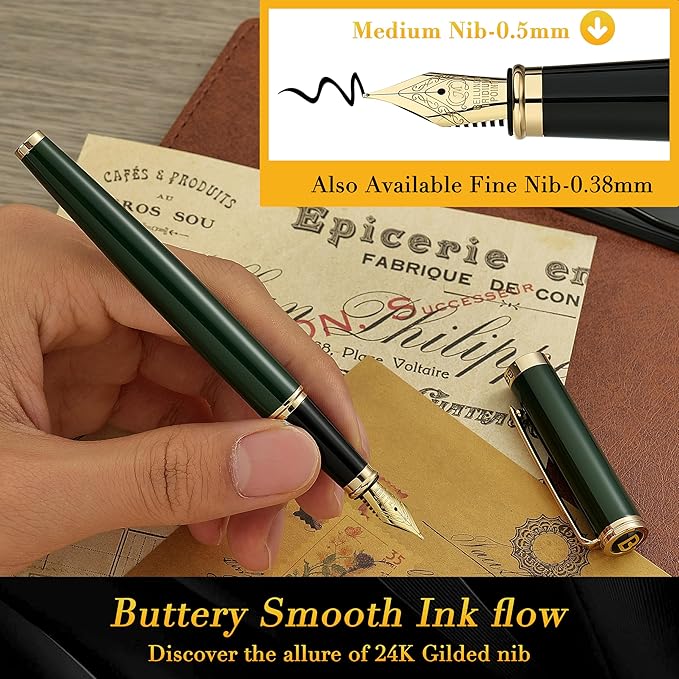 BEILUNER British Racing Green Fountain Pen,Stunning Luxury Pens with 24K Gold Accents, Gorgeous 24K Gilded Nib(Medium), Ink Converter, Pen Gift for Men&Women-Elegant, Reliable,Fancy for Writing
