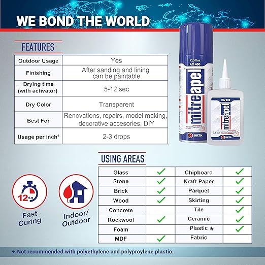 MITREAPEL Super CA Glue (2 x 3.5 oz) with Spray Adhesive Activator (2 x 13.5 fl oz), Cyanoacrylate Super Glue for Plastic, Glass, Ceramic, DIY, 3D Printing with Microtips - 2 Pack