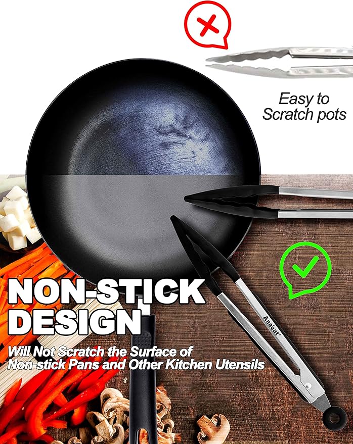 Anaeat Non-Stick Silicone Locking Tong - Stainless Steel 12" Kitchen Food Tongs with Non-Slip Silicone Tips and Grip for Cooking, Baking and BBQ - Heat Resistant up to 480°F (Black)