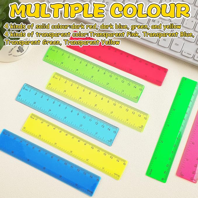 Teling 192 Pack Rulers Bulk for Classroom Transparent Colorful Metric Rulers with Inches and Centimeters 8 Colors for Kids Back to School Supplies(6 Inch)