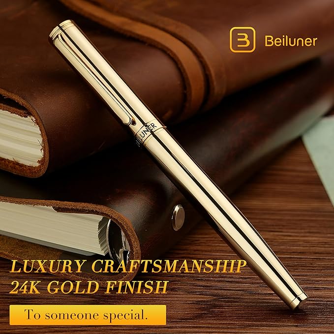 BEILUNER Gold Fountain Pen,Stunning Luxury Pens with 24K Gold Finish, Gorgeous 24K Gilded Nib(Medium), Ink Converter,Fancy Pen Gift for Men&Women-Elegant, Office, Professional, Reliable, Nice Design