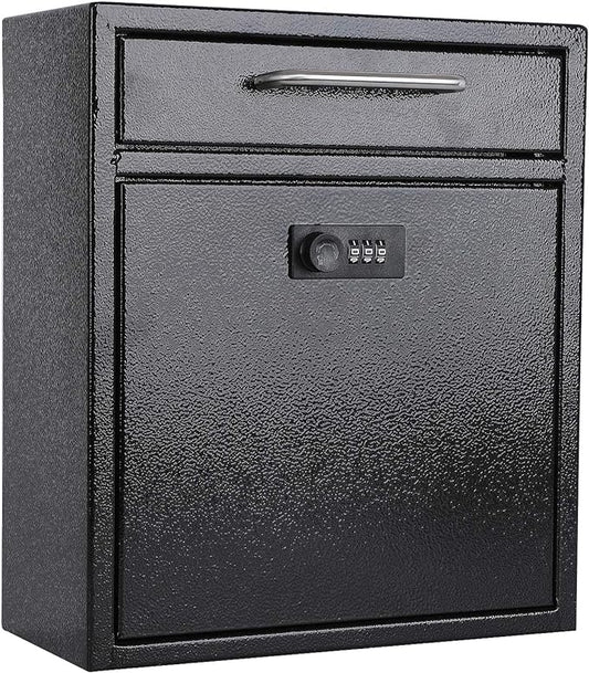 xydled Wall-Mount Mailboxes with Combination Lock, Steel Combination Lock Mail Boxes Outdoor, Locking Wall Mount Mailbox, Security Key Drop Box, 13.4H x 11.6L x 5.8W Inches, Black, Large