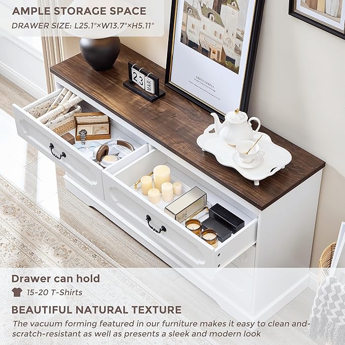 LIDYUK 6 Drawer Dresser for Bedroom Farmhouse WhiteTall Wood Chest of Drawers for Bedroom Dresser, Modern Rustic 55" Wide Drawers Dressers Wooden Closet and Storage Cabinet, Hallway, Living Room