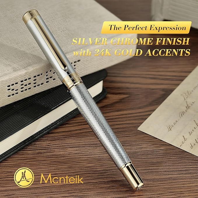 Silver Chrome Rollerball Pen, Stunning Luxury Pen with Mesh Texture Design、Silver Chrome Finish and 24K Gold Accents, Nice Gift Set for Men & Women, Business, Executive, Office, Fancy Pens