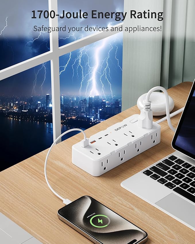 2 Prong Power Strip, 2 to 3 Prong Outlet Adapter with 8 AC & 4 USB Ports (2 USB C), 5FT Extension Cord, 1700J Two Prong Surge Protector, Wall Mountable, Ideal for Old House Non-Grounded Outlets