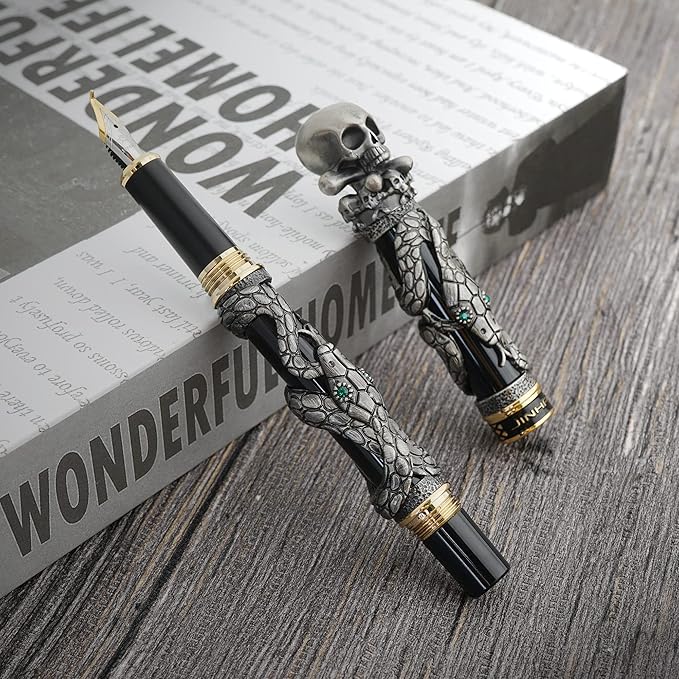 Jinhao Black Snake Fountain Pen Bent Nib Fude Pen with Skull Head Solid Metal