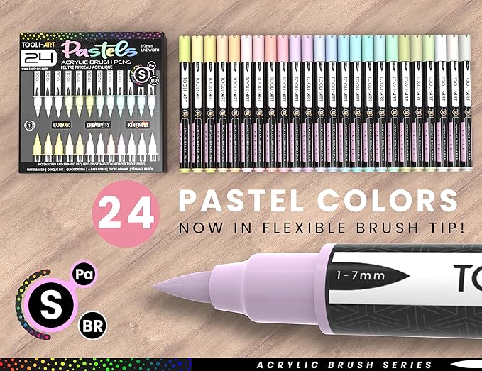 24 Flexible Brush Tip Acrylic Paint Pens Markers Set 1-7mm Line for Rock Painting, Brush Lettering, Glass, Mugs, Wood, Metal, Canvas, Fabric, Plastic Non Toxic Waterbased Quick Drying Assorted Pastel