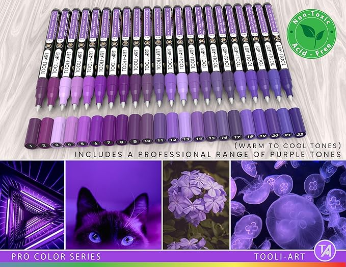 Acrylic Paint Pens 22 Purple Tones Assorted Pro Color Series Markers Set 0.7mm Extra Fine Tip for Rock Painting, Glass, Mugs, Wood, Metal, Canvas, Projects, Non Toxic, Waterbased, Quick Drying
