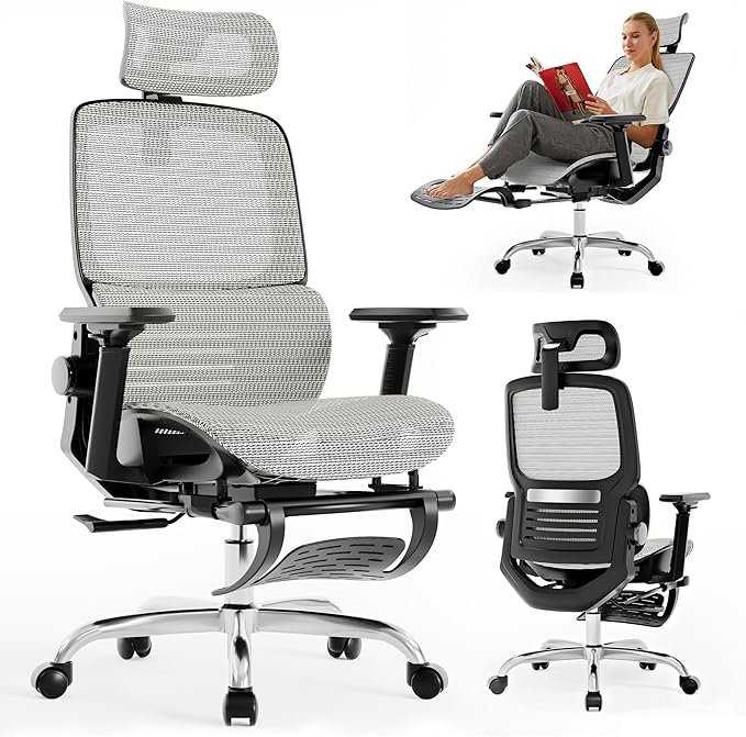 Ergonomic Office Chair, High Back Desk Chairs with Retractable Footrest, Breathable Mesh, Adjustable Headrest, 3D Armrests, Lumbar Support, Tilt Function, Comfy Swivel Computer Gaming Chair