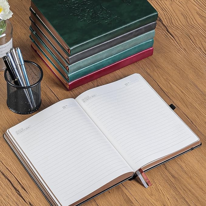 ZXHQ Thick Lined Journal Notebook with Pen, 360 Pages 100gsm Paper, Brown Sprayed Edge, Journal for Writing B5 Ruled Notebook,Leather Hardcover,Perfect for Work, Office or School, 7.8'' x 10'' Black