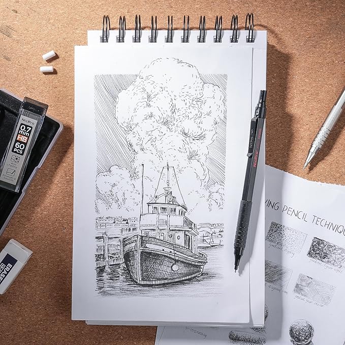 Nicpro 4 Pack Metal Mechanical Pencil Set 0.5 mm & 0.7mm with Case, Artist Pencil MP1000 with 8 Tubes HB & 2B Lead Refill, 3 Eraser, 9 Eraser Refill For Art Writing Drafting Drawing,Black & Silver