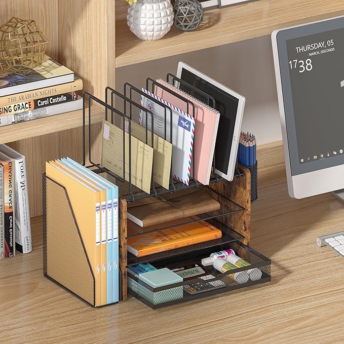 Piskyet Desk Organizer and Accessories, Wooden Desk File Organizer with Drawer,5 Vertical File Holders and 2 Pen Holders,Fancy Desktop Storage for Home Office