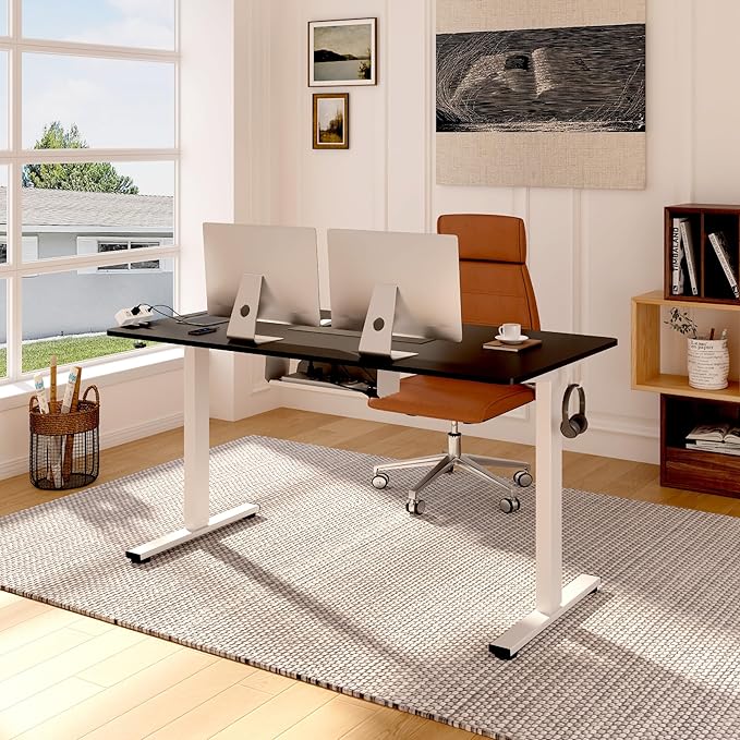 FLEXISPOT EN2 Whole-Piece Standing Desk with Clamp Power Strip, 60 x 24 Electric Stand Up Height Adjustable Desk with Cable Management (White Frame + 60" Black Desktop, 2 Packages)