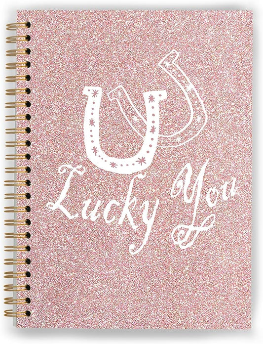 Lucky You Notebook, Preppy Aesthetic Journal, Preppy Pink Girly Cute Journals for Women, Sparkle Rose Gold Glitter Spiral Notebooks 5.5x8.3 Inch