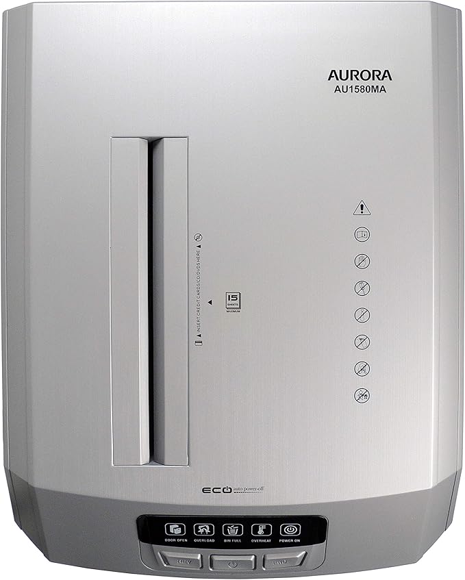 Aurora AU1580MA Professional Grade High Security 15-Sheet Micro-Cut Paper/CD and Credit Card Shredder, 60 Minutes Continuous Run time