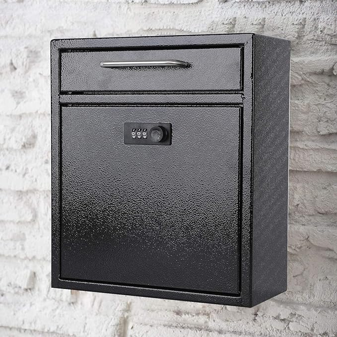xydled Wall-Mount Mailboxes with Combination Lock, Steel Combination Lock Mail Boxes Outdoor, Locking Wall Mount Mailbox, Security Key Drop Box, 13.4H x 11.6L x 5.8W Inches, Black, Large