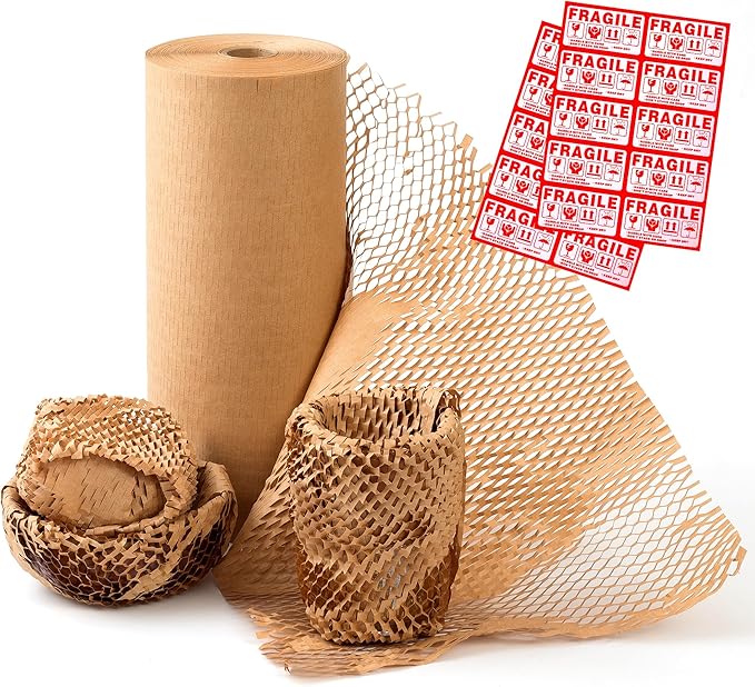 Honeycomb Packing Paper 15" Width X 300 FT for Moving Glass Dishes Recyclable Wrapping Paper Bubble Wrap Packing Material for Shipping Fragile Items Shipping Filler with 20 Fragile Stickers
