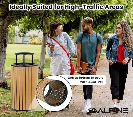 Alpine 32 Gallon Commercial Outdoor Trash Can - Heavy Duty Garbage Can Outdoor, Industrial Trash Can with Plastic Panels for Patio, Parks, Trails & Resorts (Rain Bonnet Lid - Cedar)