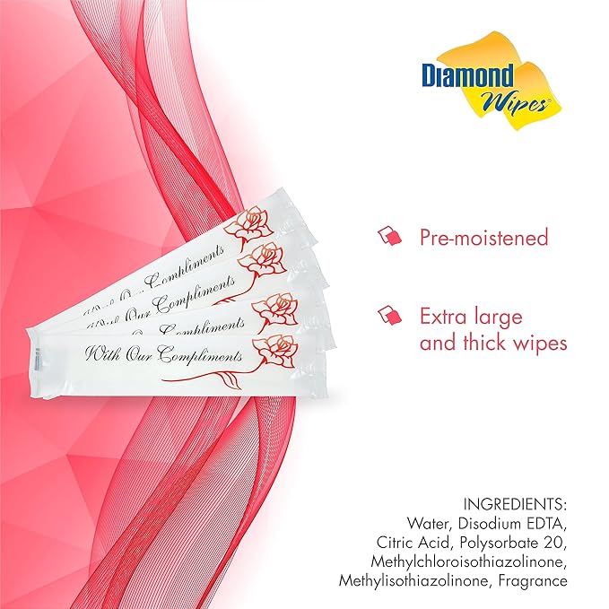 Diamond Wipes Pre-moistened Hand Wipes - “With Our Compliments” Logo 10x8” Extra Thick Lemon-Scented Pack of 1000 Individually Wrapped Wet Wipes